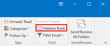 The Address Book link in the ribbon bar at the top right area
