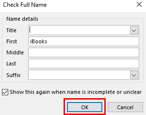 Check Name window after detecting a short contact name