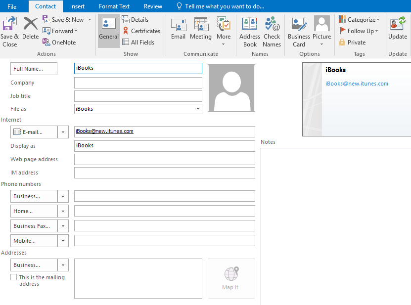 The edit contact window showing all contact information fields