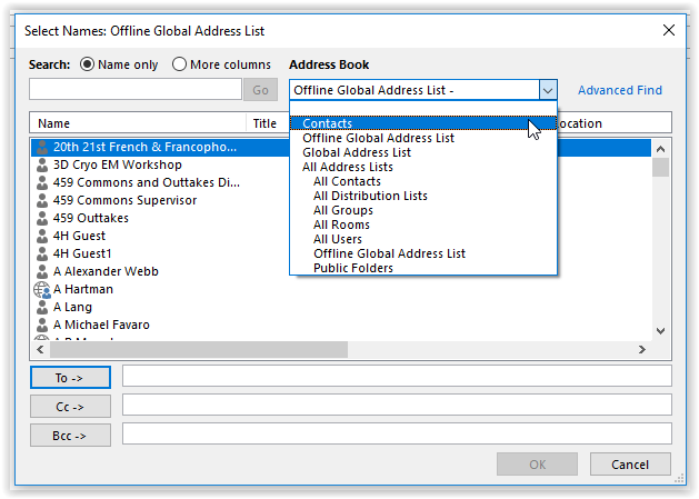 selecting a contact book in outlook