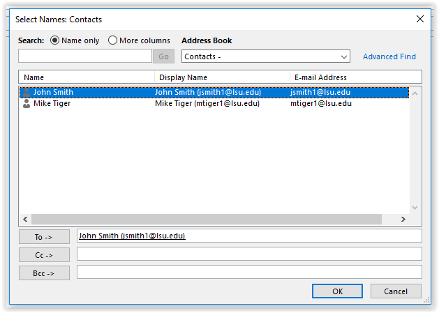 selecting a contact to email in outlook