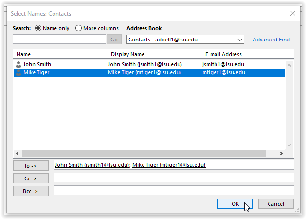 ok button at bottom right of the select contacts window