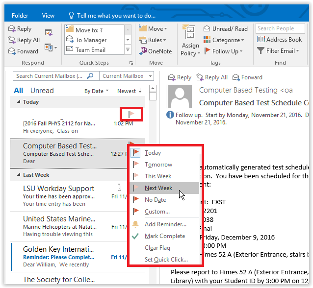 adding a flag to an email in outlook