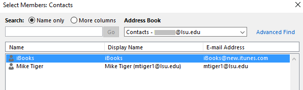 Window for adding Outlook contacts