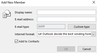 Add new email contact window for this contact group