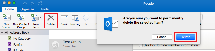 Delete button at the top bar, with the dialog pop up shown and the Delete button at the bottom right of it