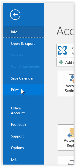 the print button in outlook 2016