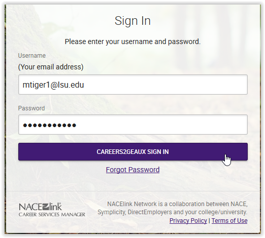 Careers2Geaux sign in screen