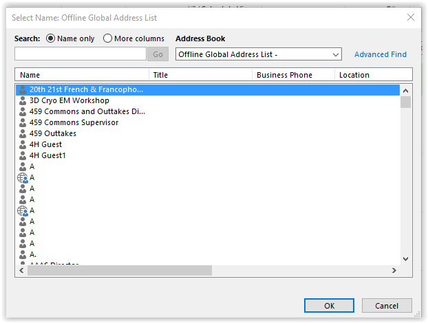 Address list with search field for names and emails