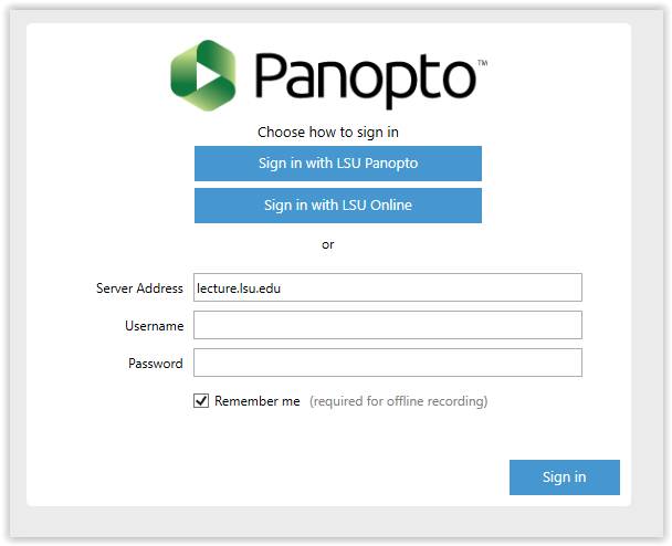 Log-in screen for the Panopto Recorder on Windows