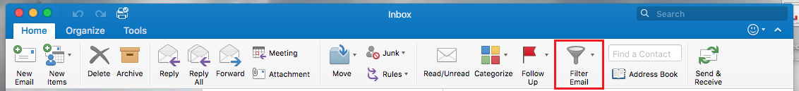 Filter Email icon on the Home Toolbar in Outlook 2016