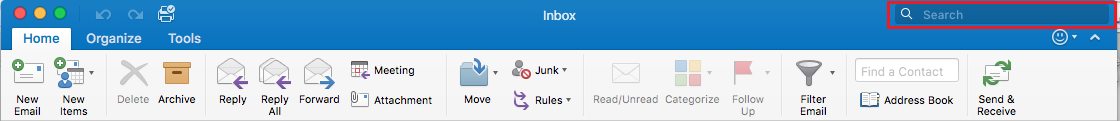 Search bar above the toolbar at the far right in Outlook 2016