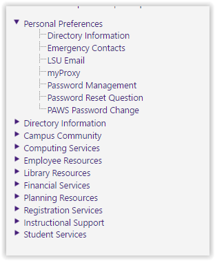 myProxy on the Personal Preferences drop down menu in myLSU