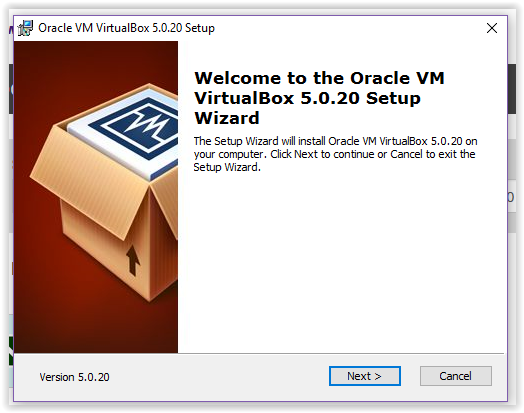 Welcome screen to the VirtualBox installation screen.