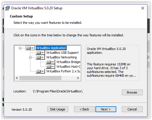 Custom setup window for Virtual Box