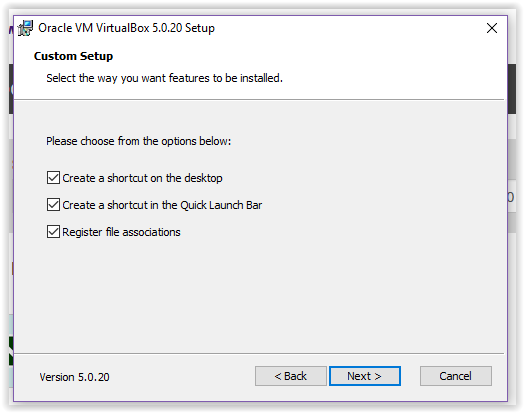 Custom setup window for VirtualBox