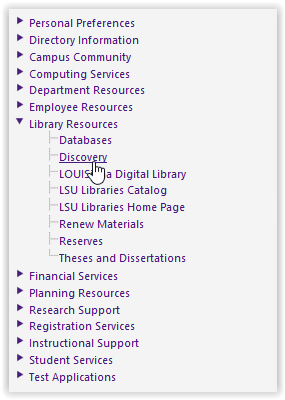 myLSU Discovery link on the library resources drop-down menu