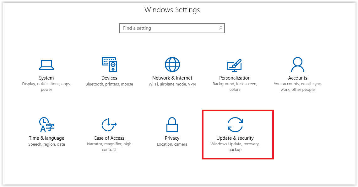 Update and Security option