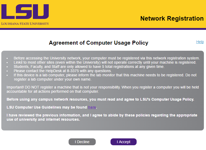 Computer Usage Policy Agreement for LSU Blue Cat DRP