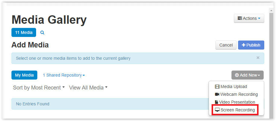 the add new media drop down menu
