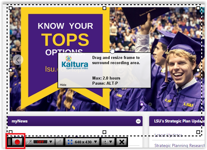 Kaltura screen capture record button