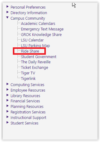 myLSU Ride Share link under the campus community tab