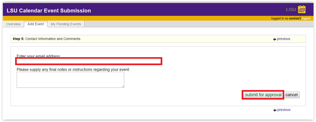 Entering email and submitting for approval