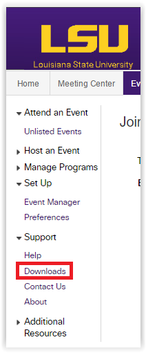 The support drop down menu with Downloads highlighted