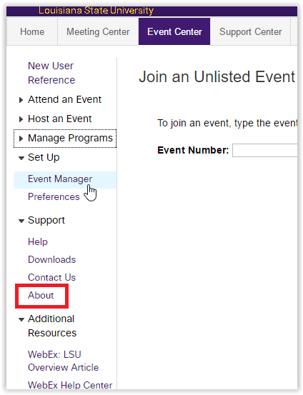 About button in webex event center
