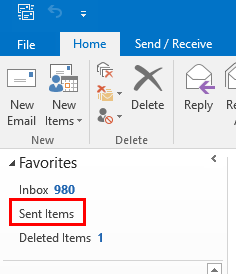 The Sent Items folder tab in Outlook