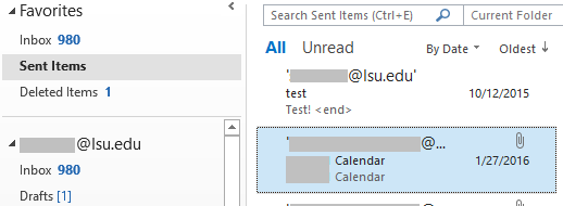 The outlook message window with a sent message selected