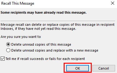 A window with choices to only delete unread copies or also replace with a new message