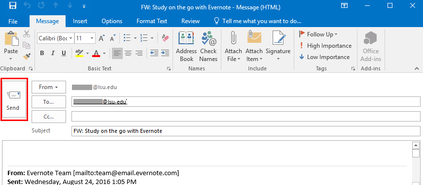 Send button at the left side of the message window