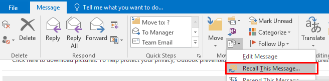 The Recall this message button in the more move actions dropdown menu