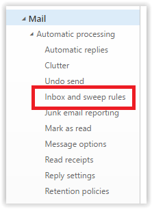 inbox and sweep rules link in outlook settings