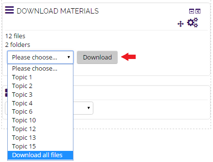 Choosing a topic in the dropdown list, with the download button shown at the right