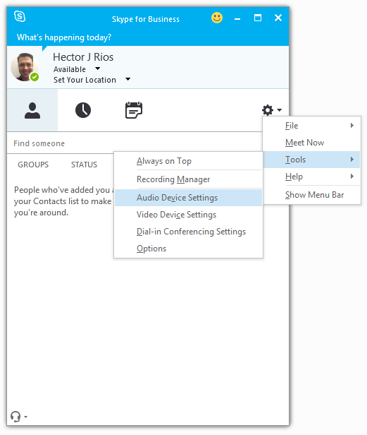 The tools menu in skype for business with Audio Device settings highlighted