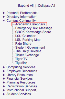 Academic Calendars link