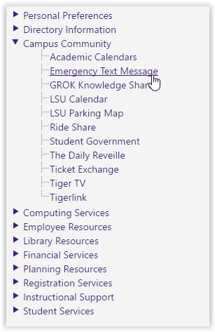 emergency text message link on the left hand side menu