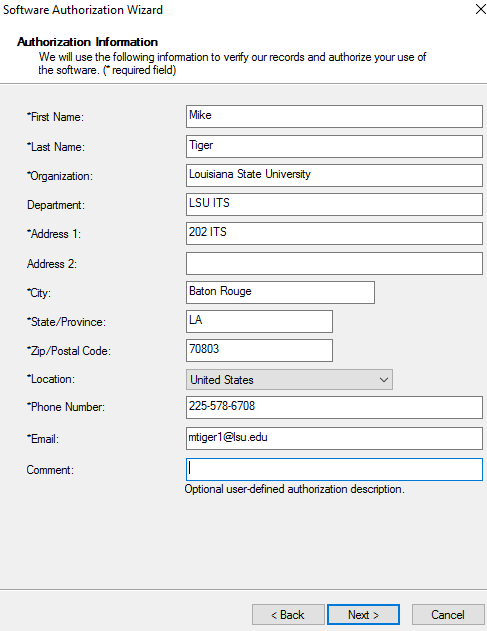 Authorization information window.