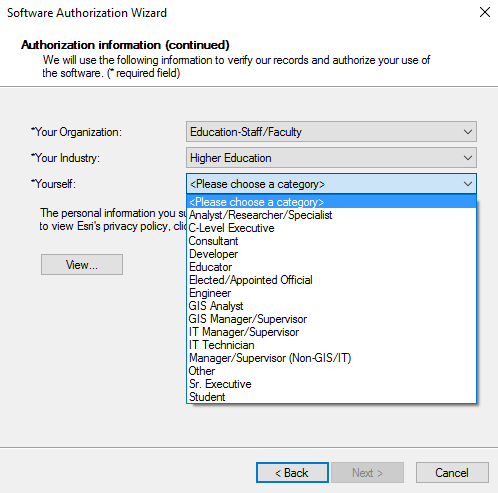 Authorization information asking for organization, industry, and identity.