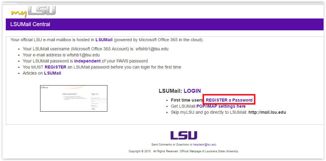 LSUMail Central Register Password