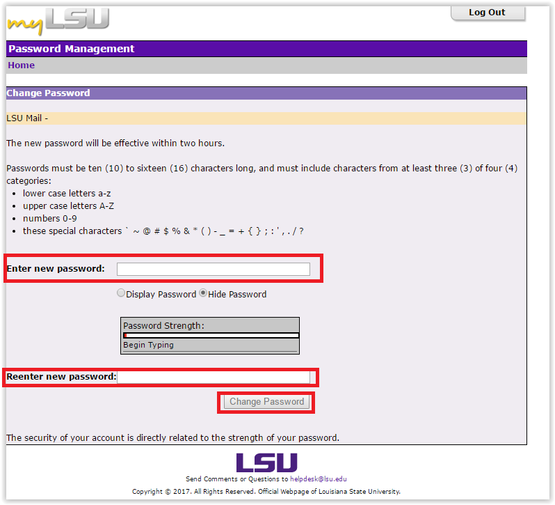 myLSU change password screen