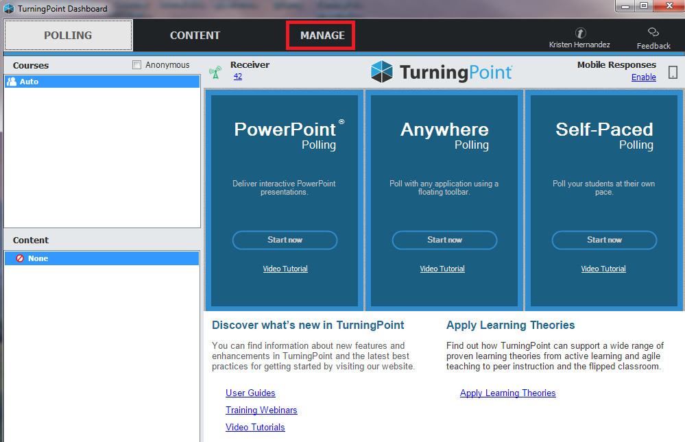 Turning Point dashboard Manage tab