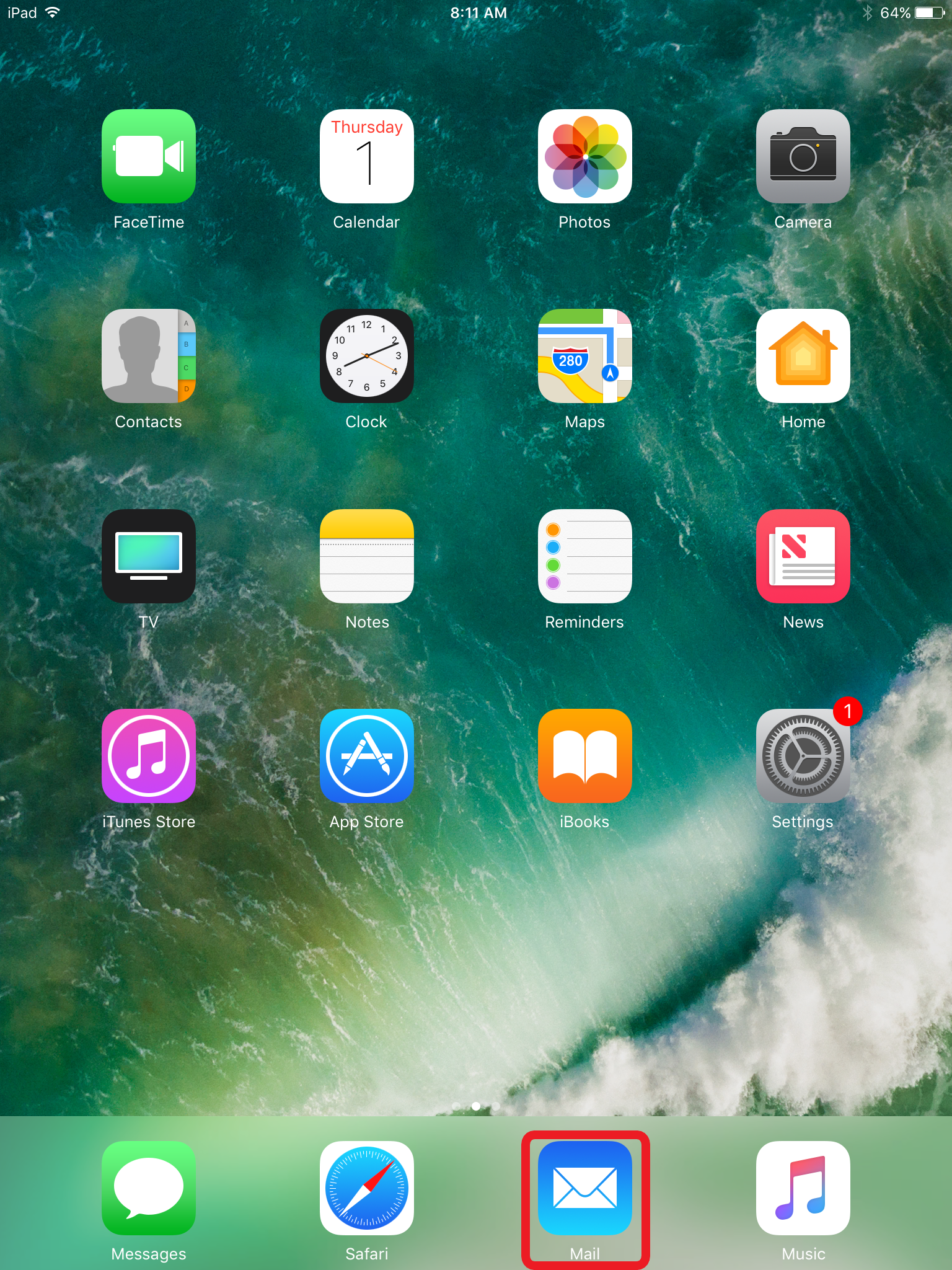 mail icon at home screen highlighted at the bottom