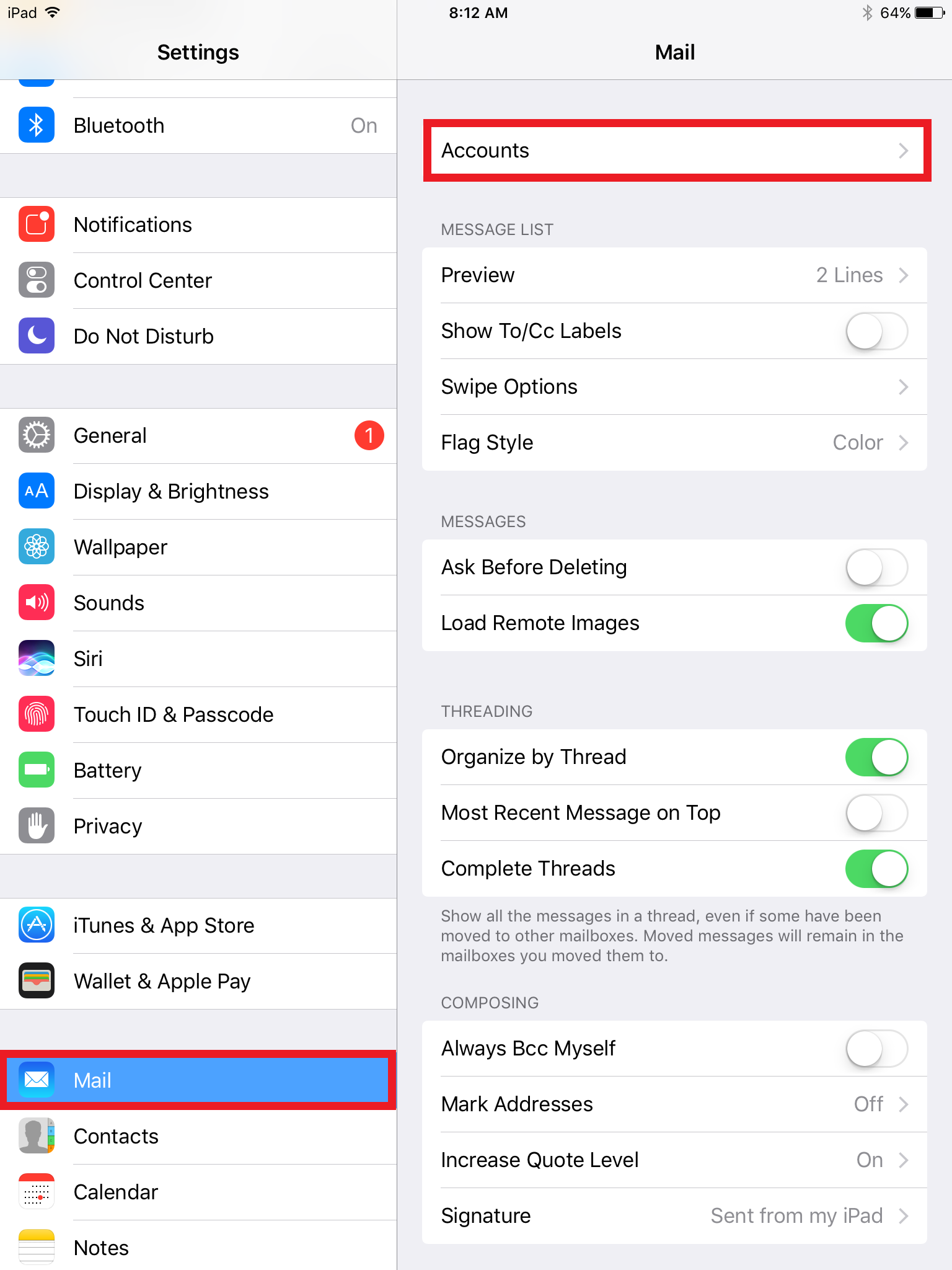 Settings menu with instructions to click mail, then Accounts