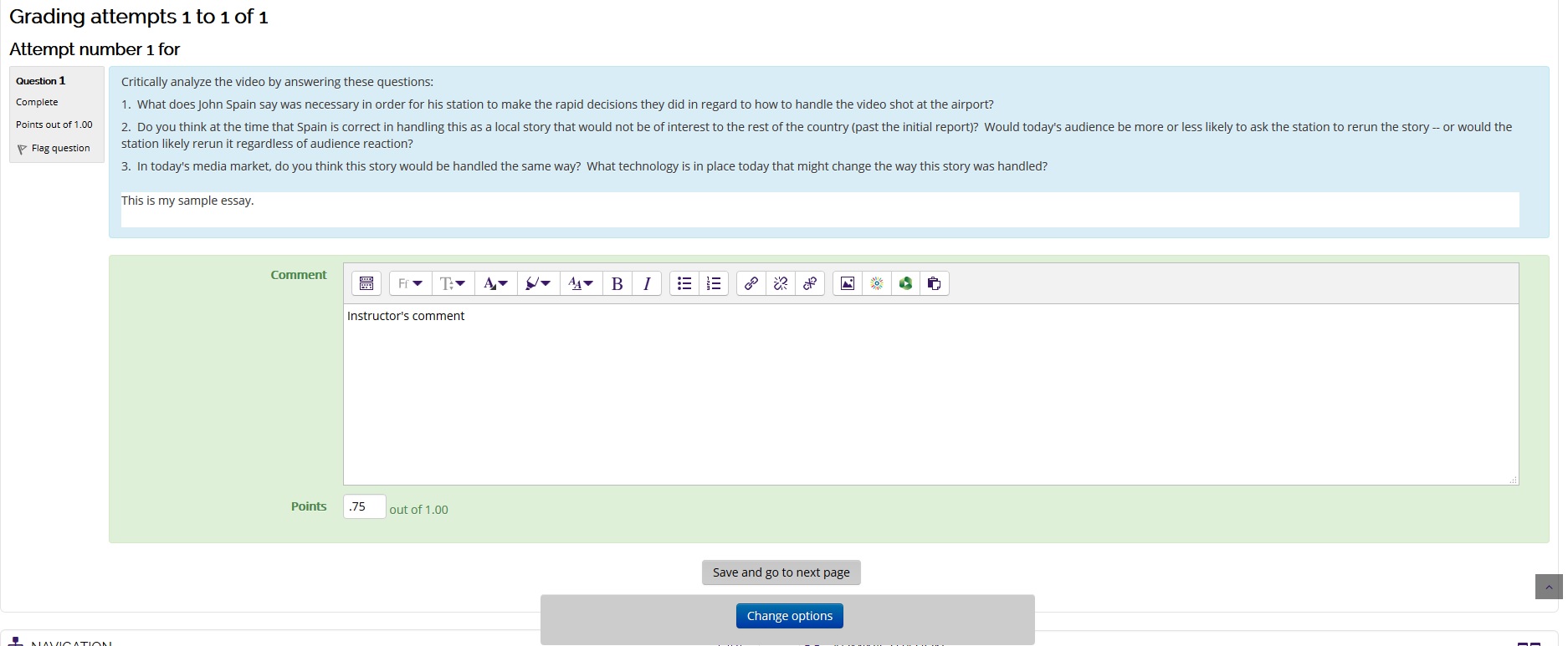 Instructor comment field
