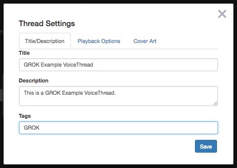 Thread Settings window, including title, description, and tags