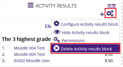 delete activity results block option