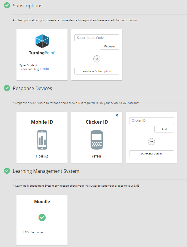 green checks next to subscriptions, response devices, and learning management system